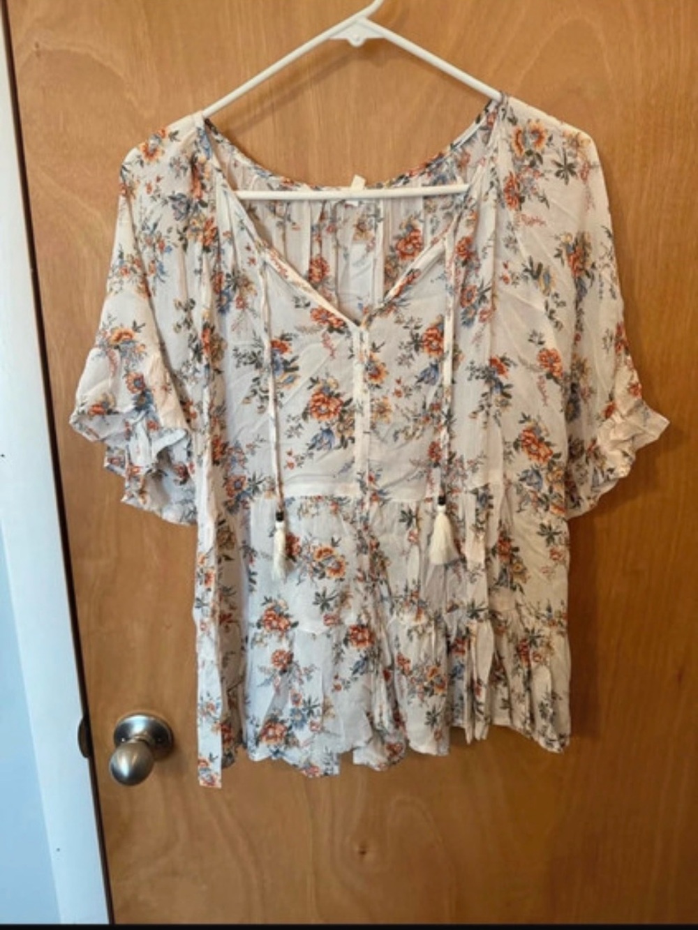 Floral Tie-Front Peasant Blouse - Cream with Orange Floral